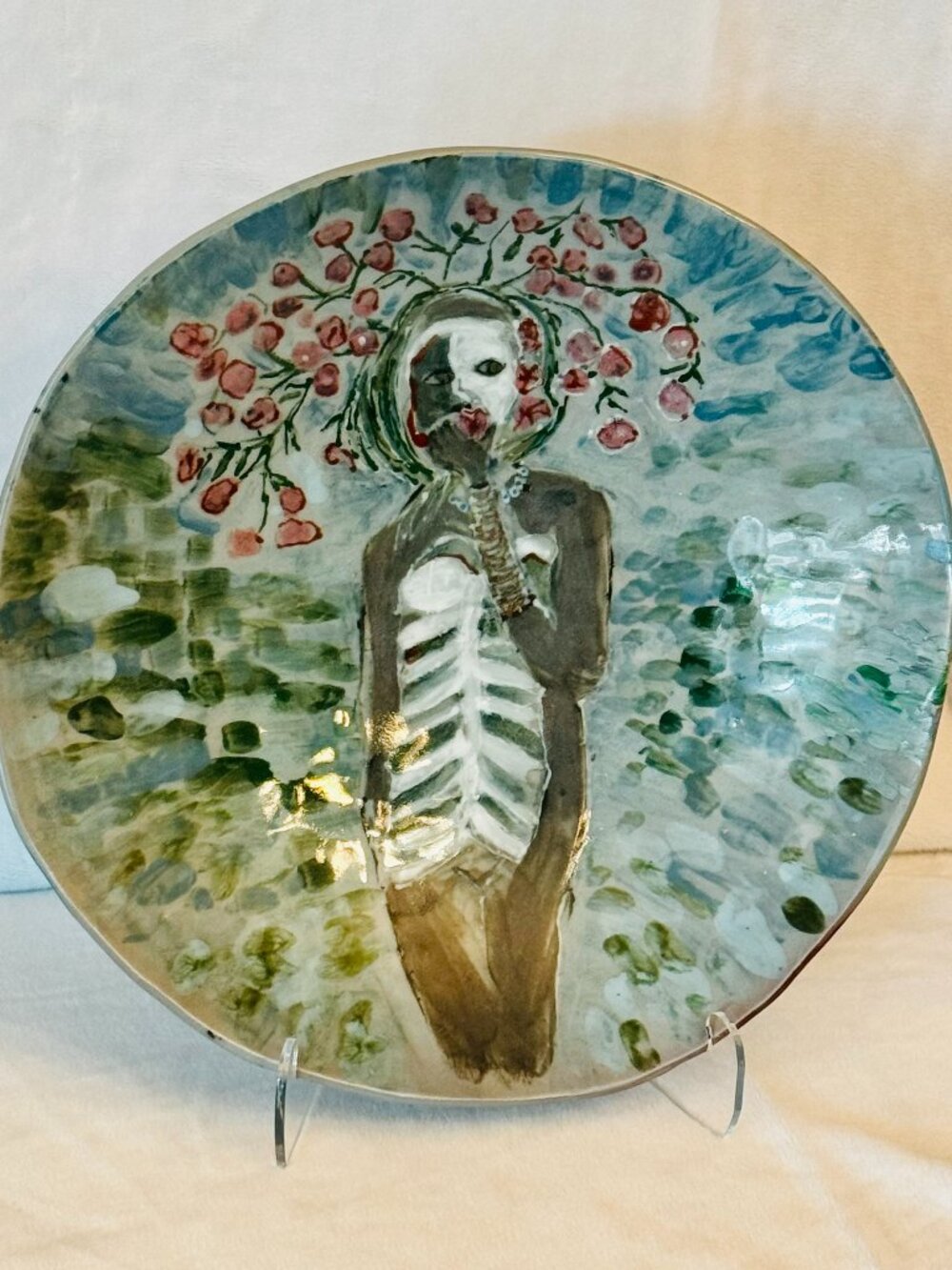 Studio Art Pottery 10.5 Round Bowl Glaze Aqua Pink Floral Figurine Skeletal READ